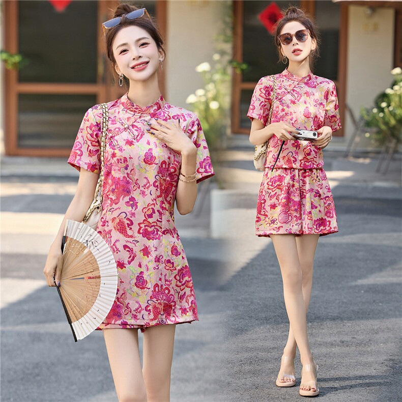 新中式印花连衣裙短裤套装女夏2025新款小个子国风旗袍裙子两件套，女装套装/套裙，贵人树