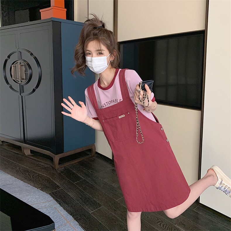 学院风火龙果色背带连衣裙女夏2025新款休闲宽松少女两件套装裙子,女装套装/套裙,2C201