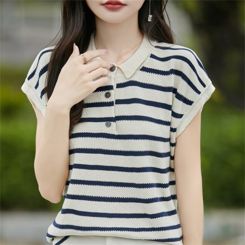 纯棉针织条纹POLO领短袖T恤女2025新款时尚减龄翻领t恤上衣夏薄新,针织衫/毛衣,斯美雅电商供货