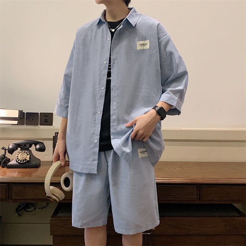 2026夏小清新条纹衬衫五分裤棉质宽松运动套装TZ8090/P65蓝色8,男装休闲套装,电商A094