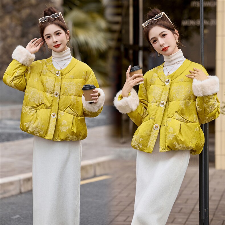 新中式90提花羽绒服2025年冬季新款高级感优雅气质白鸭外套，女装羽绒服，玖莱伊