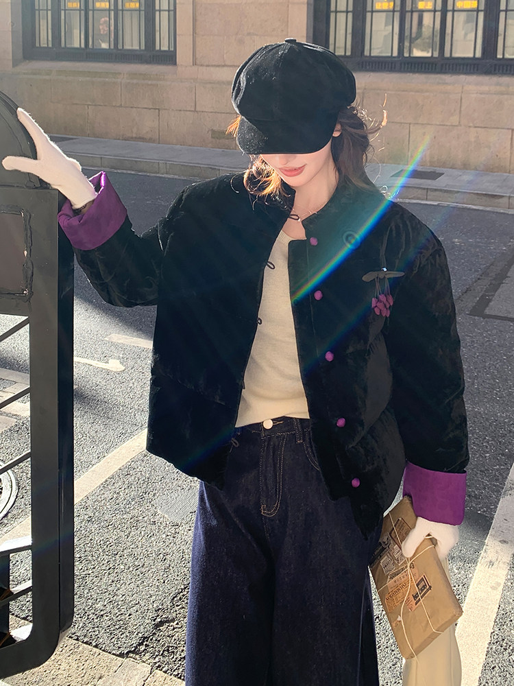 现货！（90新标带检）丝绒料新中式短款立领加厚保暖气质羽绒服女,女装羽绒服,衣秀之家