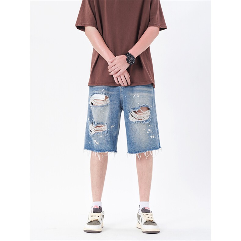 夏季无影墙男士宽松直通毛边破洞乞丐泼漆五分短裤男大码高街小众，男装牛仔裤，星座301D-4(原星座1004-4）