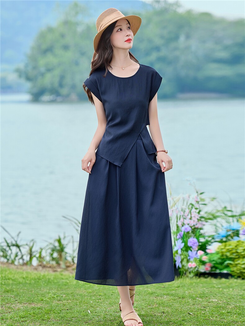 2026夏装新款简约时尚休闲开衩套裙套装两件套,女装套装/套裙,美沁