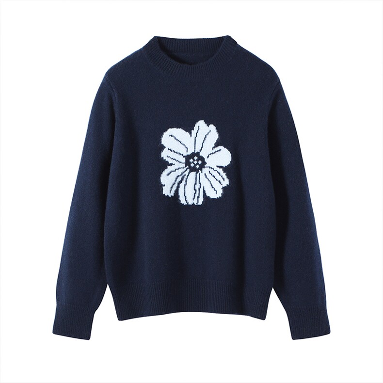2025年秋季新款藏蓝小花针织女士羊绒上衣时尚休闲通勤百搭，女装羊绒衫，隆秋羊绒