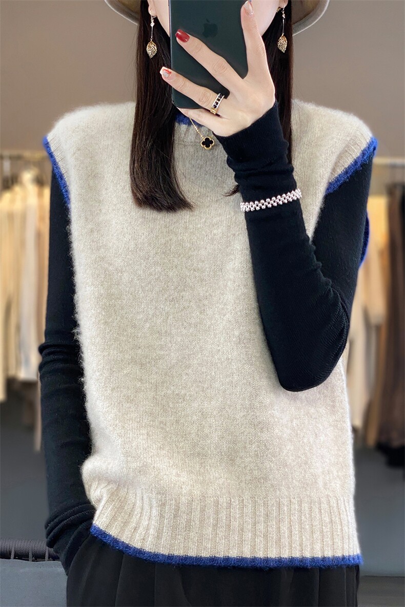 2024秋季新款拼色设计无袖马甲休闲百搭,女装马甲,美雪羊绒