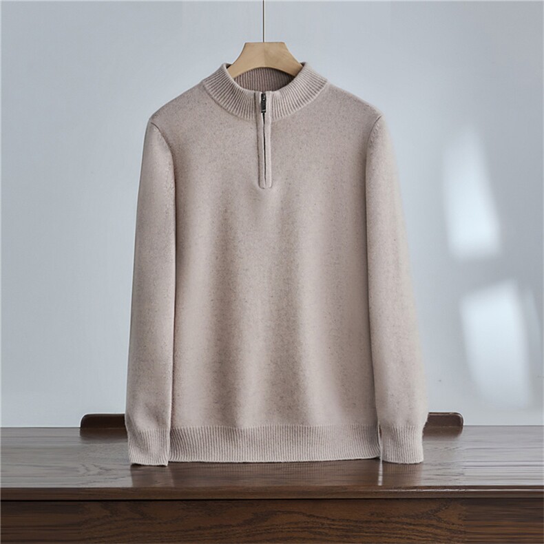 秋冬新款100澳洲羊毛拉链平面半高领针织套头男士上衣，男装针织衫/毛衣，达齐羊绒