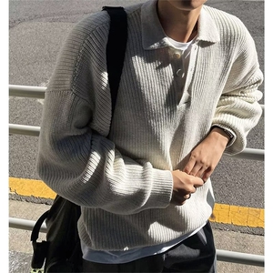日系慵懒风polo领毛衣卫衣男复古翻领毛衣套头针织衫秋 M34图片