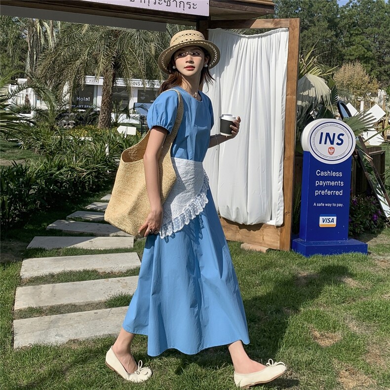 甜美丝巾蓝色泡泡袖连衣裙女夏2025新款爆款氛围感长裙小众不撞款,女装连衣裙,2C057