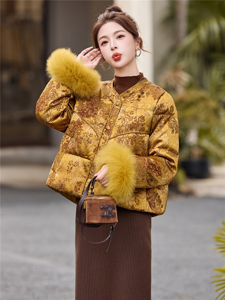 新中式90提花羽绒服2025年冬季新款高级感优雅气质白鸭外套,女装羽绒服,玖莱伊