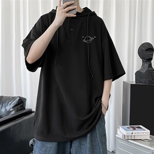 LD54238-P45 连帽短袖t恤男大码胖子带帽五分袖中袖图片