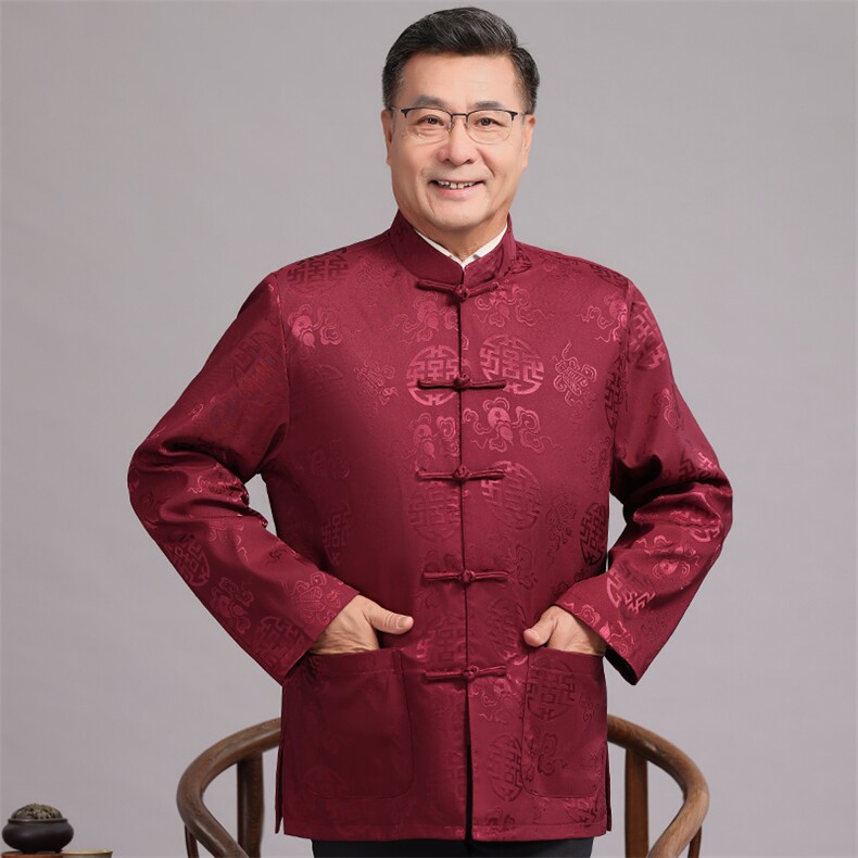 现货秋款中老年风唐装外套男中式复古盘扣汉服爷爷过生日外套，男装民族服装，钱塘723