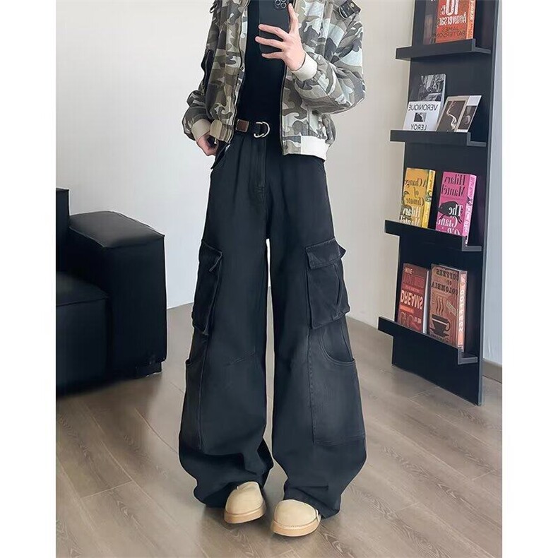 美式黑色工装阔腿牛仔裤男女设计感高腰宽松显瘦直筒拖地裤子,男装牛仔裤,星座601-1