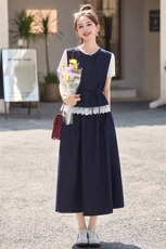 现货牛仔2025年夏季新款无袖拼接蕾丝花边上衣半身裙女，女装连衣裙，木橙西子