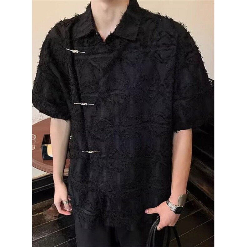 潮风新中式毛边短袖衬衫男夏季设计感复古小众上衣CX015,男装T恤,星座1116A（原606A-3）