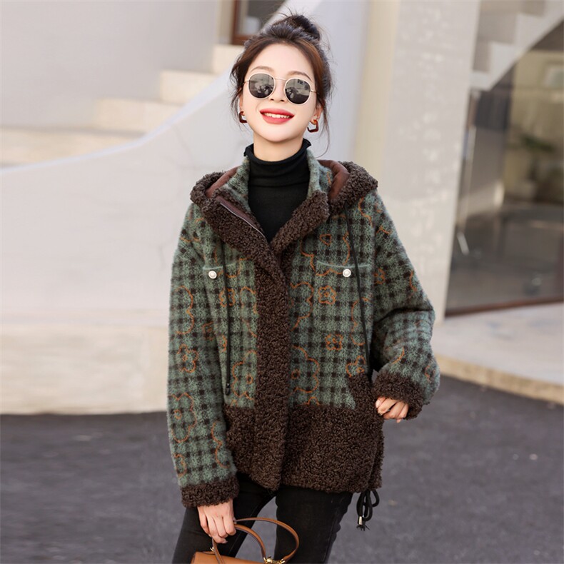 羊羔绒皮毛一体外套女冬2025新款百搭格子加厚今年流行棉衣女大衣,女装棉衣/棉服,意芙