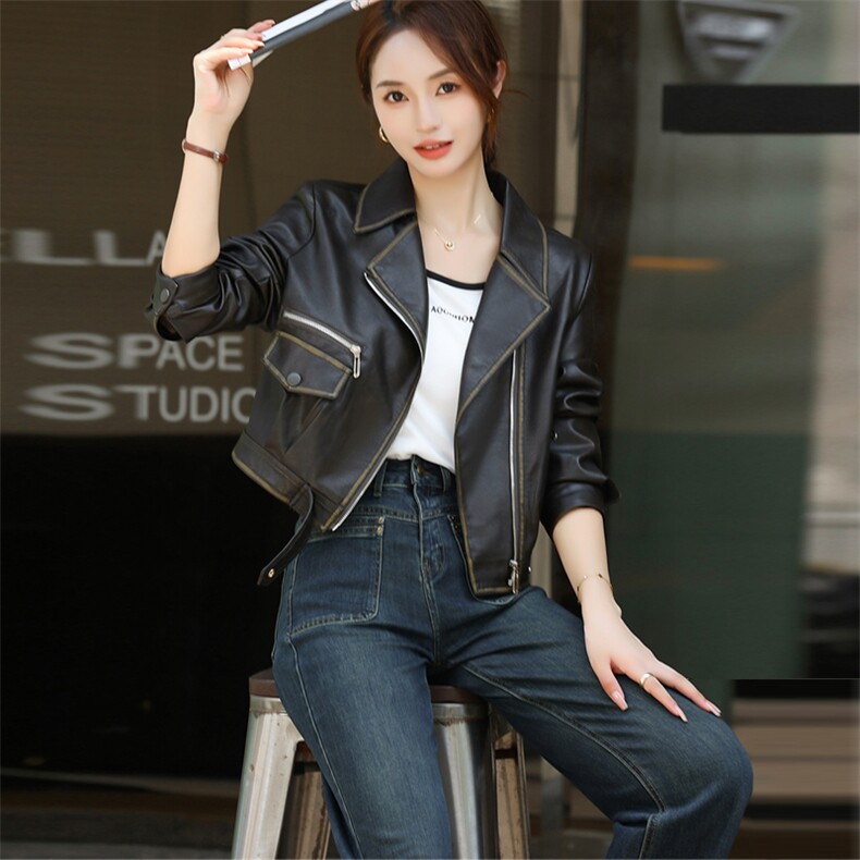 港风美式复古pu皮衣外套女2024秋新款休闲宽松收腰短款机车皮夹克，女装皮衣，欧兰熙