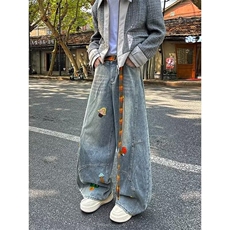蓝色牛仔裤花卉刺绣水洗直筒裤潮牌设计感1001-1-CN03-P60，男装牛仔裤，星座1001-1