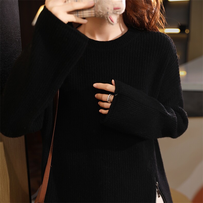 纯色慵懒针织毛衣女新款保暖套头宽松圆领百搭羊毛长袖打底衫图片