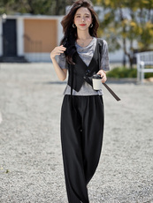 （现货）时尚套装女气质通勤T恤拼接背心马甲阔腿裤工装两件套，女装套装/套裙，韩蔻秀