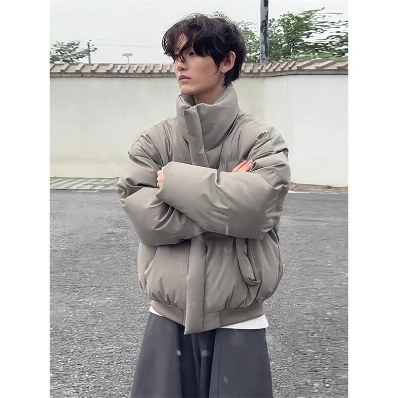 现货5W件冬季三防重磅硬挺boxy短款羽绒立领PU皮棉衣外套加厚棉服,男装棉衣,电商A486