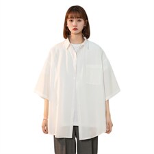 C6042/P35夏款2022中性风冰丝克莱因蓝衬衣男女开衩短袖衬衫控58，女装衬衫，电商A141