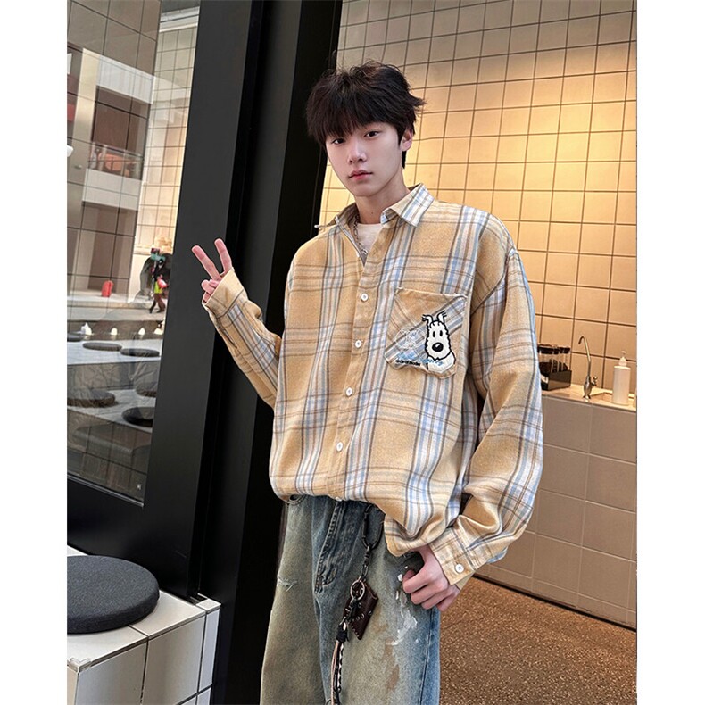 8XL-M小狗格子衬衫男长袖2025春情侣款寸衣宽松衬衣CS519P58控78,男装衬衫,电商D206-1