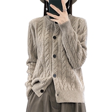 2024秋冬新款羊毛女士圆领麻花羊毛开衫，女装羊毛衫，润辉羊绒