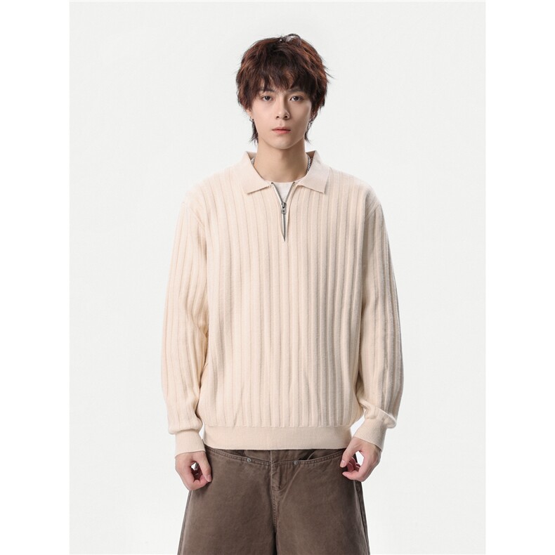 1303B-MY812-P5888老钱风半拉链针织polo衫男女翻领坑条毛衣,男装针织衫/毛衣,星座1303B