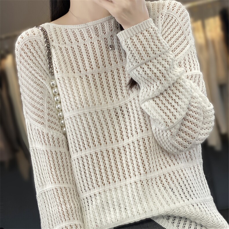 羊范春秋新款圆领镂空精纺羊毛衫女韩版宽松简约上衣纯色百搭长袖，女装针织衫/毛衣，唯若美羊绒