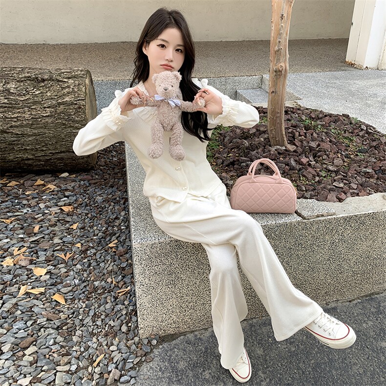 2024春季新款荷叶边针织开衫女春秋法式温柔气质针织两件套，女装套装/套裙，浙宝042