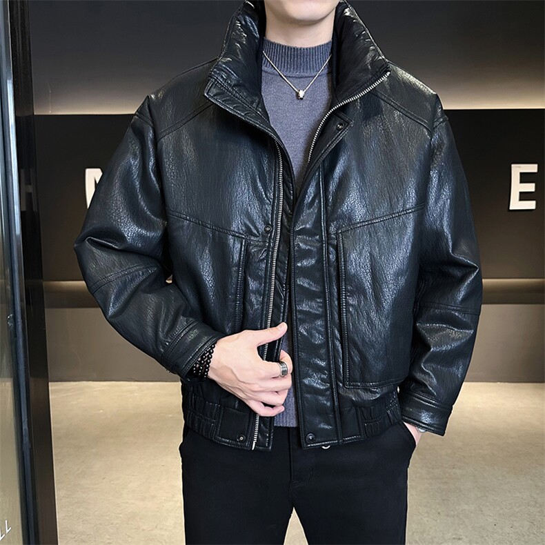 90新标2025pu蛋白皮立领加厚保暖宽松休闲羽绒服外套5886-P315,男装羽绒服,电商A413