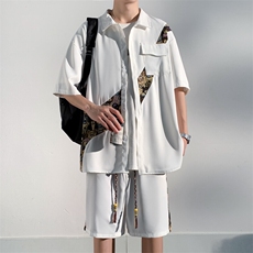 1小熊短袖衬衫男+短裤大码M-5XL套装92%聚酯纤维8%氨纶TZ77057P70，男装牛仔裤，星座226-2