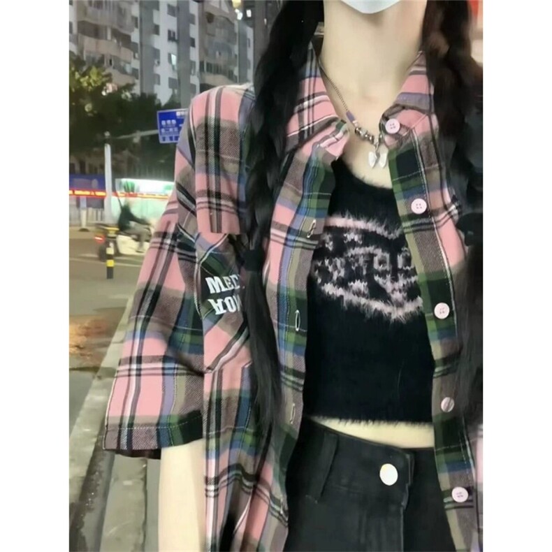 TC565-P45美式复古撞色格子短袖衬衫夏季新款慵懒风复古韩系情侣,女装衬衫,星座617A-2