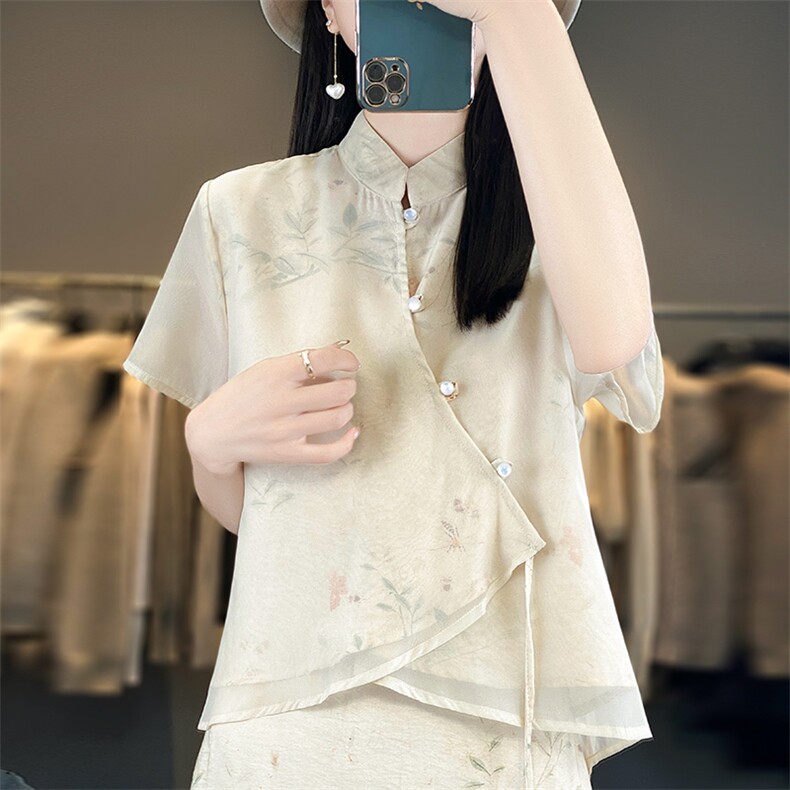 夏季真丝缎面套装女印花宽松两件套中国风时尚半身裙桑蚕丝上衣,女装套装/套裙,佳绒高端店