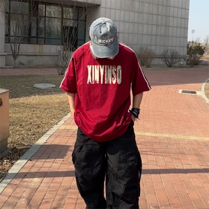 抖音得物高品质二开240克宽松纯棉美式潮牌三条杠织带短袖T恤图片