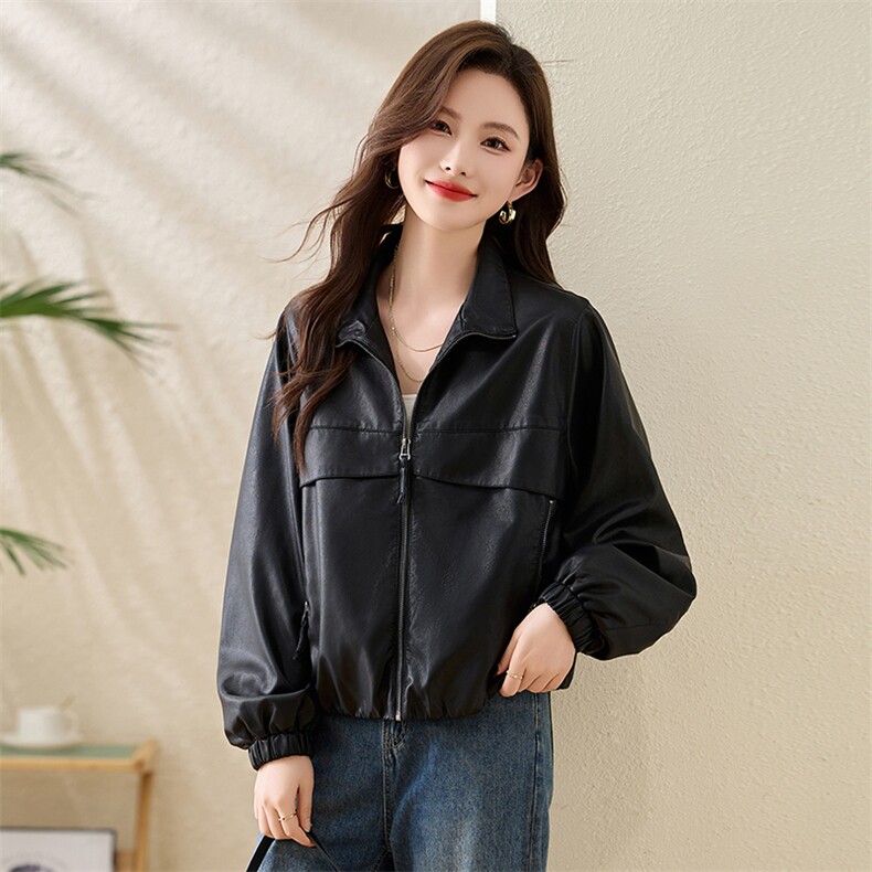 气质翻领黑色皮衣女2025春秋新款小个子短款休闲高级感皮夹克外套,女装短外套,沁沁公主