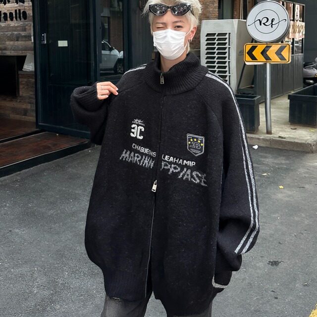 美式复古条纹立领秋季新款开衫毛衣男女针织休闲百搭外套MY320图片