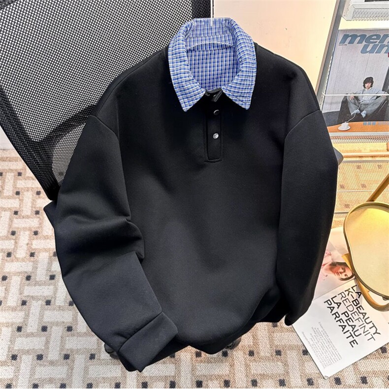 1506/QY0050/P52潮牌港风拼色长袖Polo衫男刺绣宽松半拉链卫衣图片