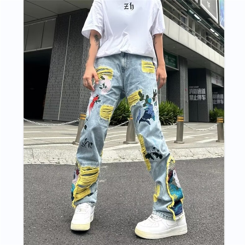 美式街头hiphop补丁刺绣破洞牛仔裤男小众设计感长裤RK607-P83图片