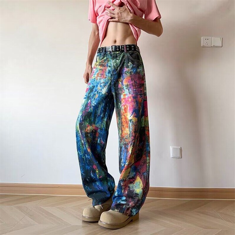 美式复古彩印泼墨油画牛仔裤男重磅宽松显瘦设计感满印涂鸦阔腿裤,男装牛仔裤,星座601-1