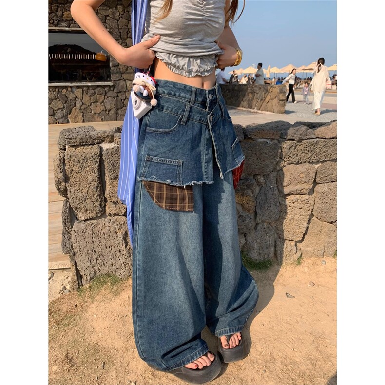假两件设计感格子拼接牛仔裤女2025新款美式复古宽松阔腿弯刀裤子,男装牛仔裤,星座506A