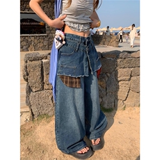假两件设计感格子拼接牛仔裤女2025新款美式复古宽松阔腿弯刀裤子，男装牛仔裤，星座506A