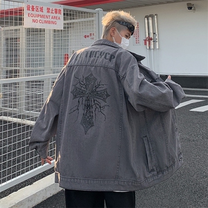 F119-P60 多口袋工装牛仔外套男春季港风潮牌宽松卡通印花夹克图片