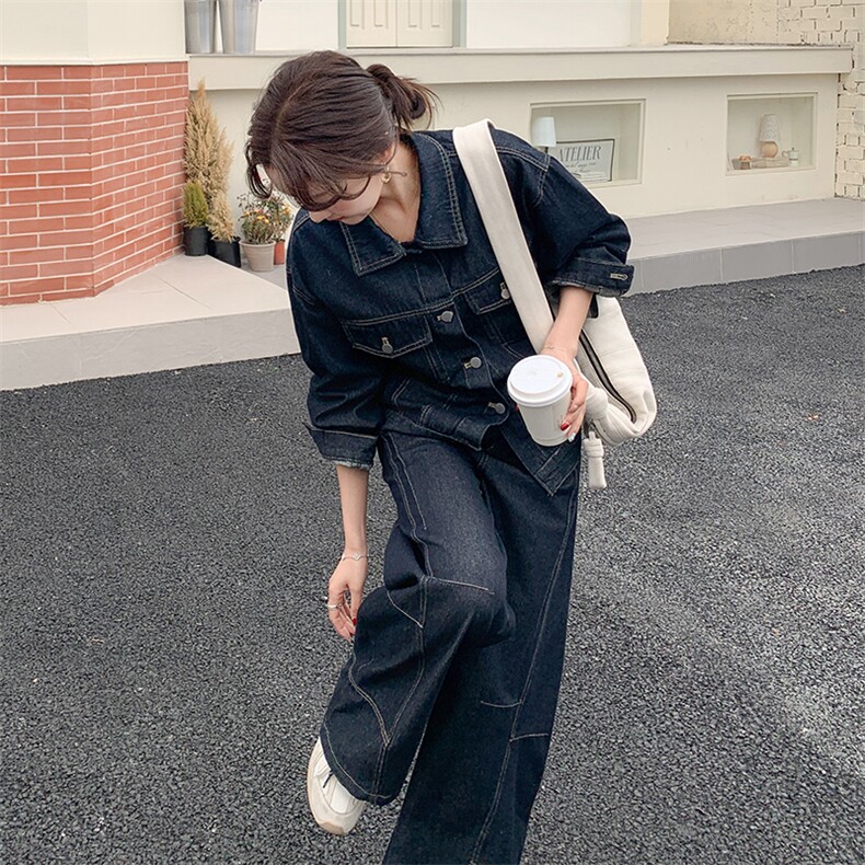 春装新款2025气质水洗工装牛仔收腰个性外套复古休闲阔腿裤两件套,女装套装/套裙,苗苗