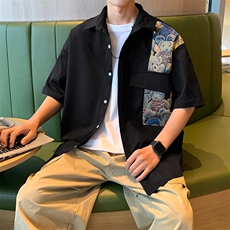 24年港风夏款工装小熊刺绣宽松短袖衬衫男CS105P45，男装衬衫，星座1204-3