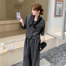 通勤穿搭灰色西服上衣套装女春秋超火好看高级小众阔腿长裤两件套，女装套装/套裙，2D035