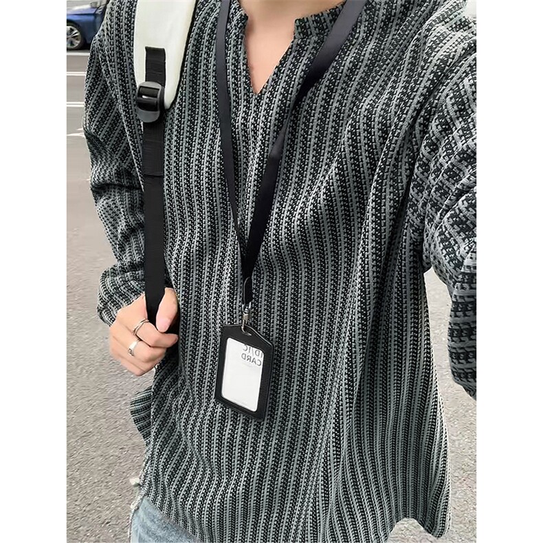 美式高街千鸟格子长袖T恤男女亨利V领英伦雅痞休闲宽松长袖打底衫，男装T恤，电商A486