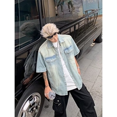 小众复古垫肩牛仔短袖衬衫套装杠条设计感水洗牛仔裤JW066，男装牛仔裤，星座1116A-1（原606A）