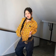 2025美式复古多巴胺黄色格子衬衫男女高街衬衣开衫长袖外套上衣，男装衬衫，星座506A